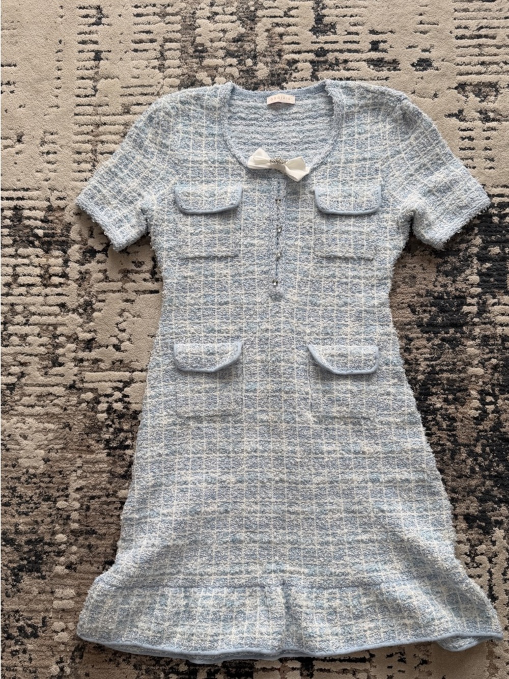 Light Blue Tweed Dress with Bow Accent